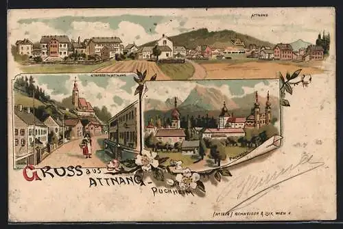 Lithographie Attnang-Puchheim, Totalansicht mit Strasse in Attnang