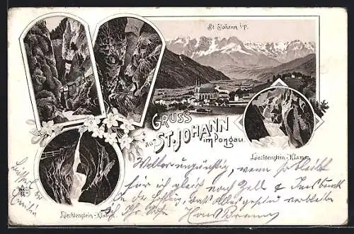 Lithographie St. Johann im Pongau, Liechtenstein-Klamm, Ortsansicht aus der Vogelschau