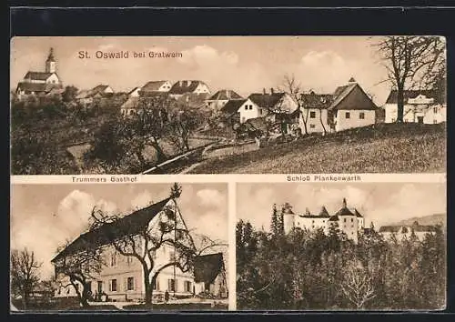 AK St. Oswald bei Gratwein, Trummers Gasthof, Schloss Plankenwarth, Ortsansicht