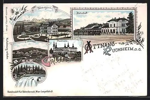 Lithographie Attnang-Puchheim, Bahnhof von der Gleisseite, Bahnhof-Hotel, Traunfall