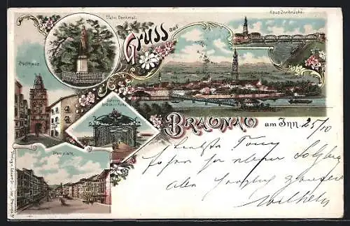 Lithographie Braunau am Inn, Brücken-Portal, Stadthaus, Stadtplatz, Ortsansicht