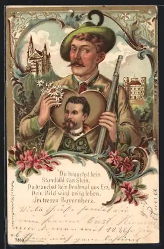 Lithographie Bayer in Tracht hält ein Herz mit dem Porträt König Ludwig II. in den Händen