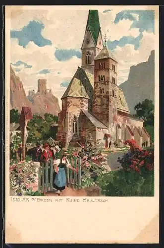 Künstler-AK Zeno Diemer: Terlan, Ortsansicht mit Ruine Maultasch