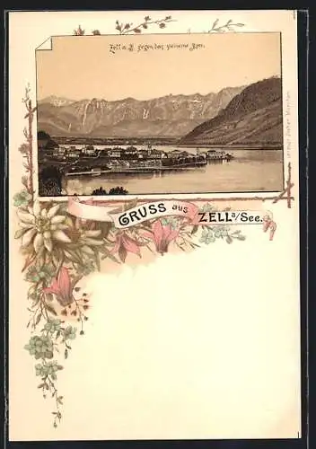Lithographie Zell a. See, Ortsansicht gegen das Steinerne Meer