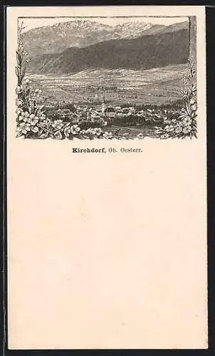 Lithographie Kirchdorf an der Krems, Ortsansicht mit Kirche, Blumenranken