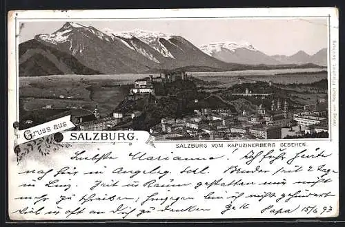 Vorläufer-Lithographie Salzburg, 1893, Totalansicht vom Kapuzinerberg aus