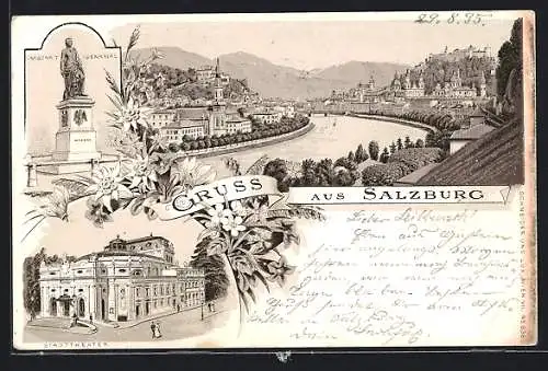 Vorläufer-Lithographie Salzburg, 1895, Stadttheater, Mozart-Denkmal, Flusspartie