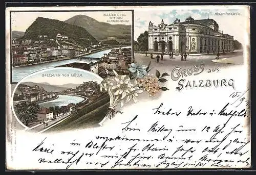 Vorläufer-Lithographie Salzburg, 1894, Stadttheater, Blick von Mülln mit dem Kapuzinerberg