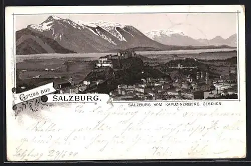 Vorläufer-Lithographie Salzburg, 1894, Salzburg vom Kapuzinerberg gesehen