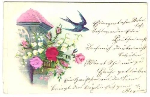 Stoff-Präge-AK Blumen mit Schwalbe, Rose aus echtem Stoff