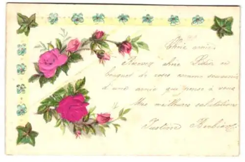 Stoff-Präge-AK Blumenmotiv mit Rosen aus echtem Stoff