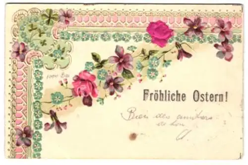 Stoff-Präge-AK Fröhliche Ostern, Rosenblüte aus Stoff