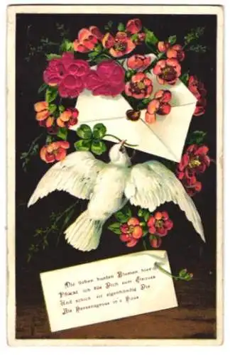 Stoff-Präge-AK Taube fliegt mit Umschlag, Blumen aus Stoff