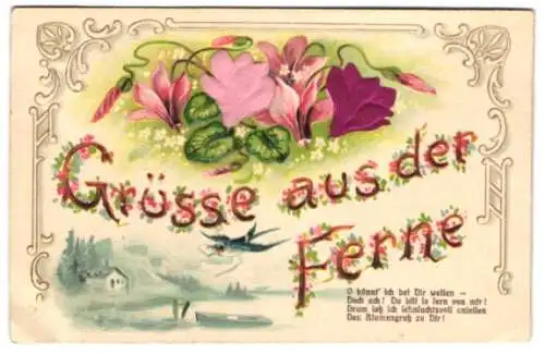 Stoff-Präge-AK Grüsse aus der Ferne und rosa Blumen aus echtem Stoff