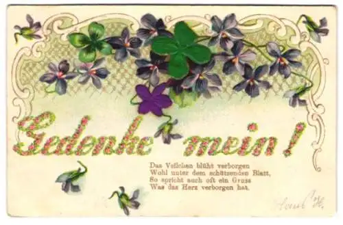 Stoff-Präge-AK Gedenke mein, Blumen aus echtem Stoff