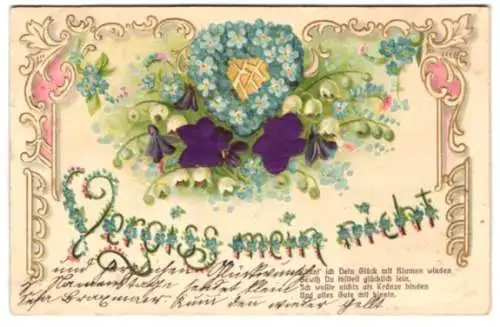 Stoff-Präge-AK Vergiss mein nicht mit Blüten aus Stoff