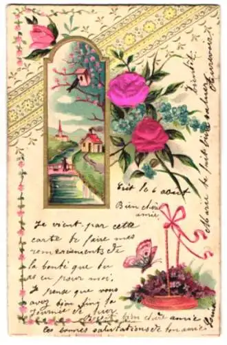 Stoff-Präge-AK Fluss mit Brücke, Blumen aus Stoff