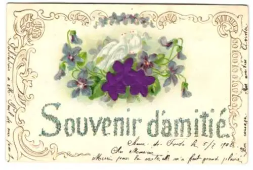 Stoff-Präge-AK Souvenir damitie, Blüten aus Stoff