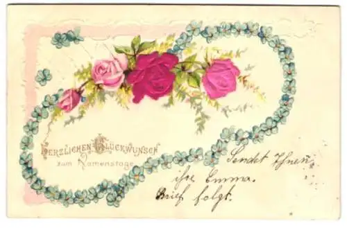 Stoff-Präge-AK Herzlichen Glückwunsch, Rosen aus Stoff