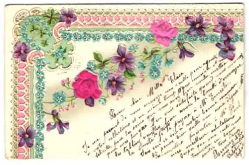 Stoff-Präge-AK Blumenschmuck mit Rosen aus echtem Stoff