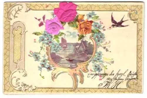 Stoff-Präge-AK Schiffe auf See mit Schwalbe, Rosen aus Stoff