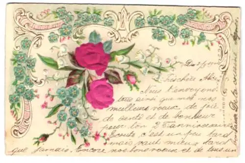 Stoff-Präge-AK Blumenstrauss mit Rosen aus echtem Stoff