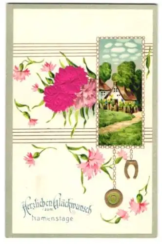 Stoff-Präge-AK Herzlichen Glüchwunsch zum Namenstage, rosa Blumen aus Stoff