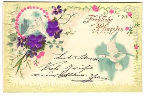 Stoff-Präge-AK Fröhliche Pfingsten mit Blumen aus Stoff