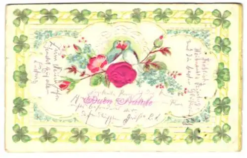 Stoff-Präge-AK Buon Natale, Rose aus Stoff