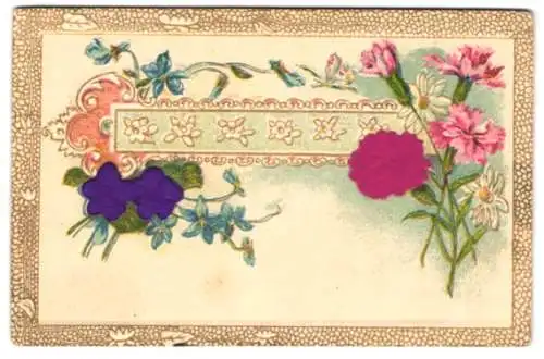 Stoff-Präge-AK Unbeschriftete Glückwunschkarte mit Blüten aus Stoff