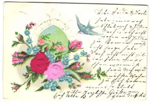 Stoff-Präge-AK Blumenstrauss mit Rosen aus echtem Stoff