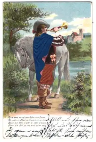 Stoff-Präge-AK Mann mit Trompete und Pferd, Umhang aus Stoff