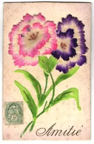 Stoff-Präge-AK Amitie, Blüten aus weichem Samt
