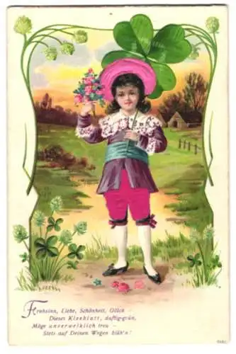 Stoff-Präge-AK Mädchen mit Blumenstrauss, Hose und Hut aus Stoff