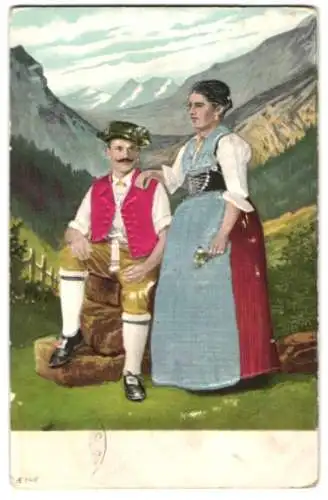 Stoff-Präge-AK Mann und Frau in Tracht, Weste und Schürze aus echtem Stoff