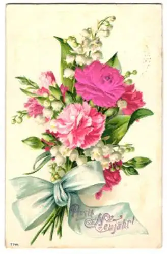 Stoff-Präge-AK Prosit Neujahr, Blume aus echtem Stoff