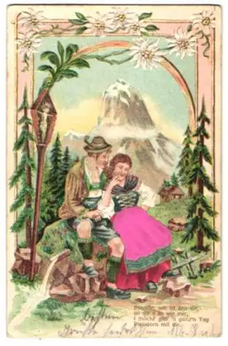 Stoff-Präge-AK Mann und Frau in Tracht mit Schürze aus Stoff