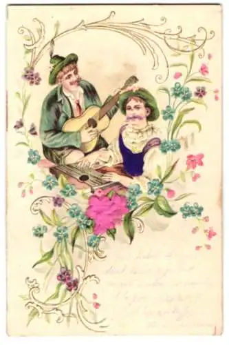 Stoff-Präge-AK Mann mit Gitarre und Frau musizieren