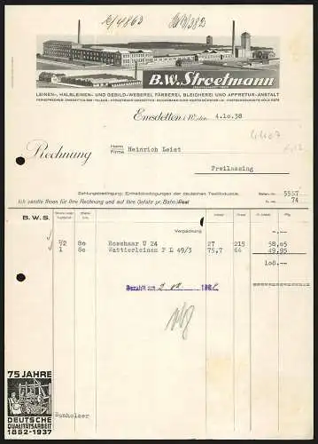 Rechnung Emsdetten i. W. 1938, B. W. Stroetmann, Textil-Fabrikation, Modellansicht des Hauptwerks und der Filiale Laer