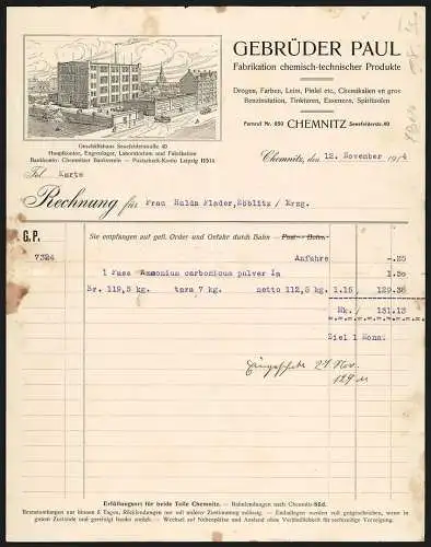 Rechnung Chemnitz 1914, Gebrüder Paul, Fabrikation chemisch-technischer Produkte, Einfahrt aufs Betriebsgelände