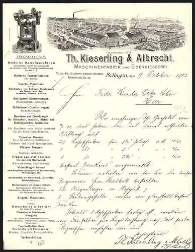 Rechnung Solingen 1902, Th. Kieserling & Albrecht, Maschinenfabrik & Eisengiesserei, Werkansicht mit Lagerplatz, Presse