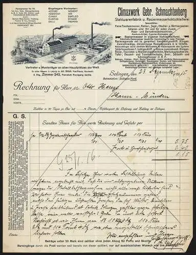 Rechnung Solingen 1915, Climaxwerk Gebr. Schmachtenberg, Stahlwarenfabrik & Rasiermesserschleiferei, Denkmal am Werk
