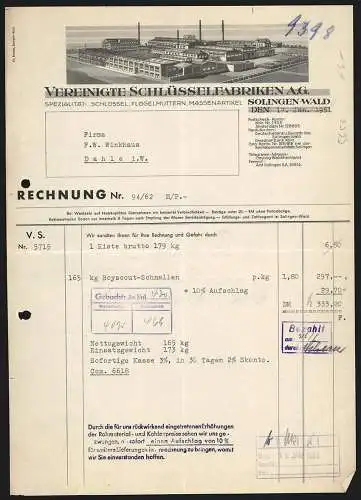 Rechnung Solingen-Wald 1951, Vereinigte Schlüsselfabriken AG, Modellansicht des Betriebs mit Lagerplatz