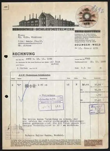 Rechnung Solingen-Wald 1951, Fritz Gauterin, Bergisches Schleifmittelwerk, Modellansicht des Werks, Fabrikmarke