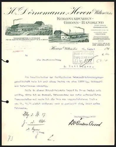 Rechnung Heven b. Witten 1917, H. Dörnemann, Kolonialwaren-Gross-Handlung, Betriebsgebäude mit eigener Gleisanlage