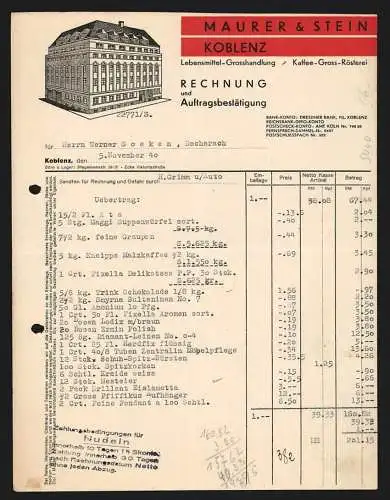 Rechnung Koblenz 1940, Maurer & Stein, Lebensmittel-Grosshandlung & Kaffee-Grossrösterei, Ansicht des Geschäftsgebäudes