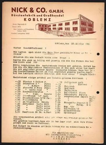 Rechnung Koblenz 1951, Nick & Co. GmbH, Bürstenfabrik und Grosshandel, Betriebsgebäude mit Aussenbereich