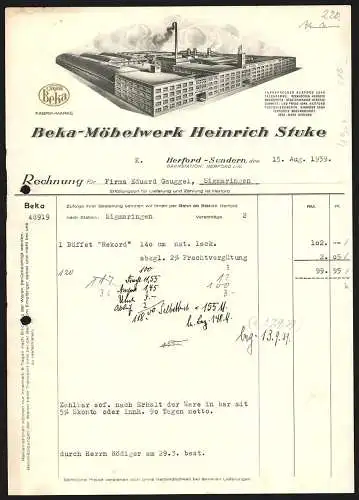 Rechnung Herford-Sundern 1939, Heinrich Stuke, Beka-Möbelwerk, Modellansicht der Fabrikanlage