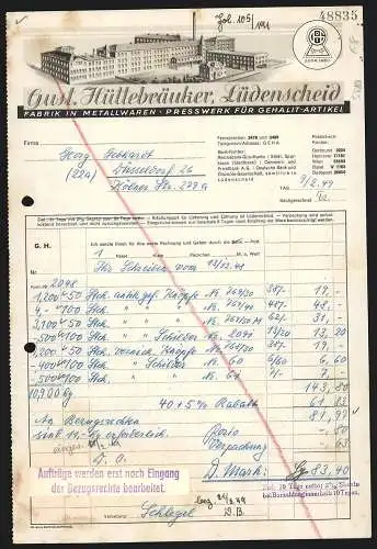 Rechnung Lüdenscheid 1949, Gust. Hüttebräuker, Metallwaren-Fabrik, Modellansicht der Betriebsanlage