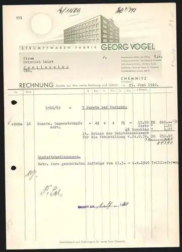 Rechnung Chemnitz 1940, Georg Vogel, Strumpfwaren-Fabrik, Modellansicht eines Betriebsgebäudes